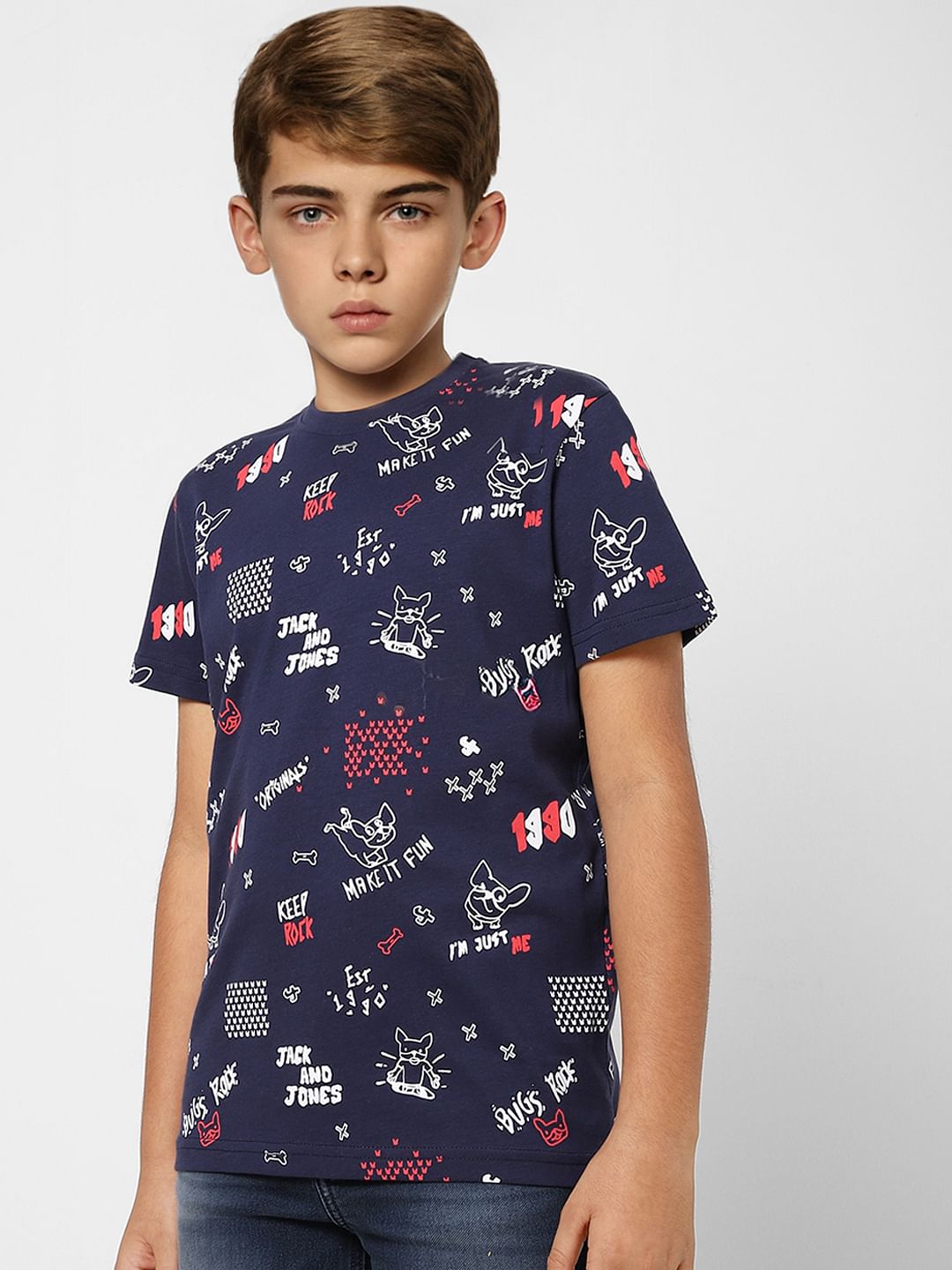 Boys Blue Printed Crew Neck T-shirt