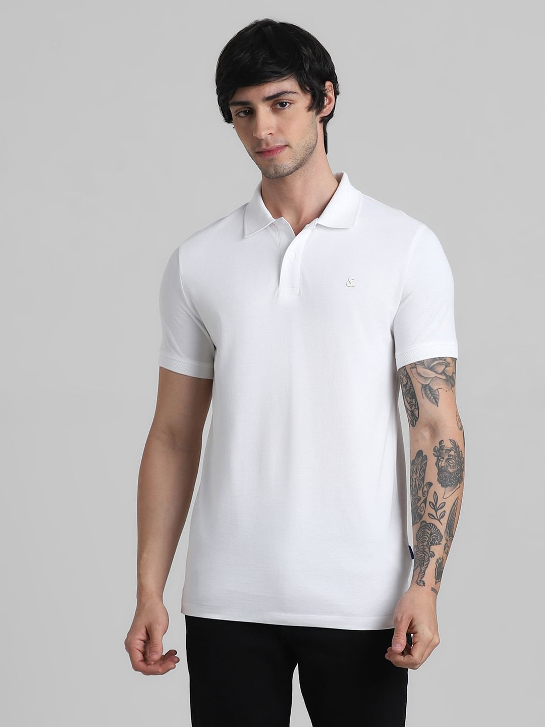 White Solid Polo Neck T-shirt