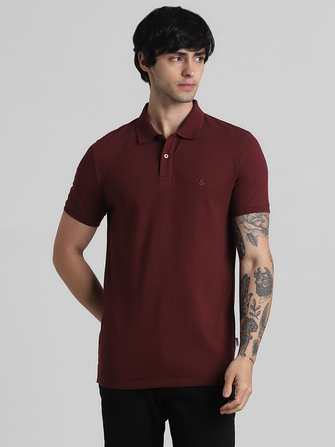 Maroon Solid Polo Neck T-shirt
