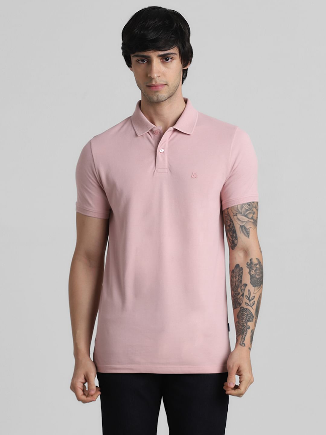 Light Pink Solid Polo Neck T-shirt