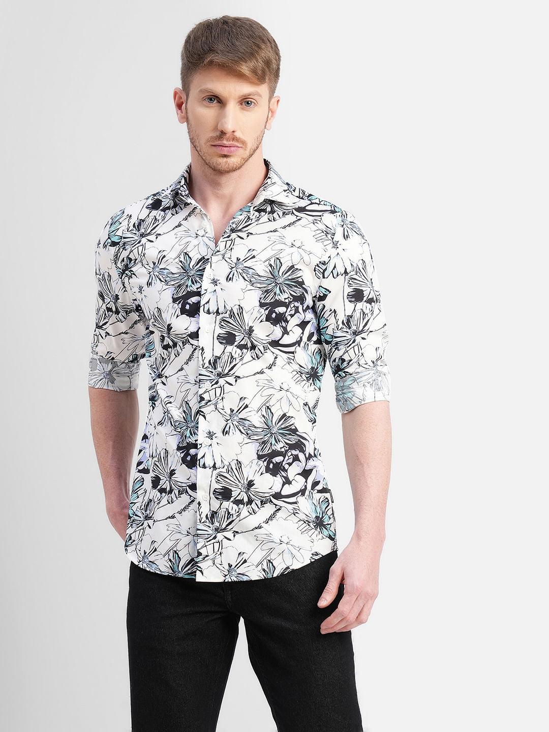 White Floral Full Sleeves Shirt