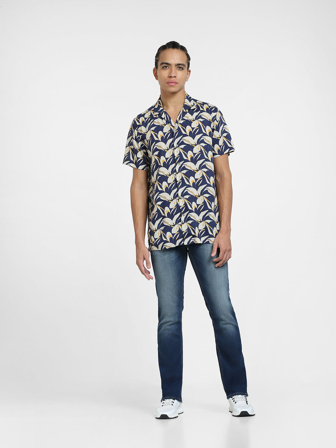 Dark Blue Printed Short Sleeves Shirt