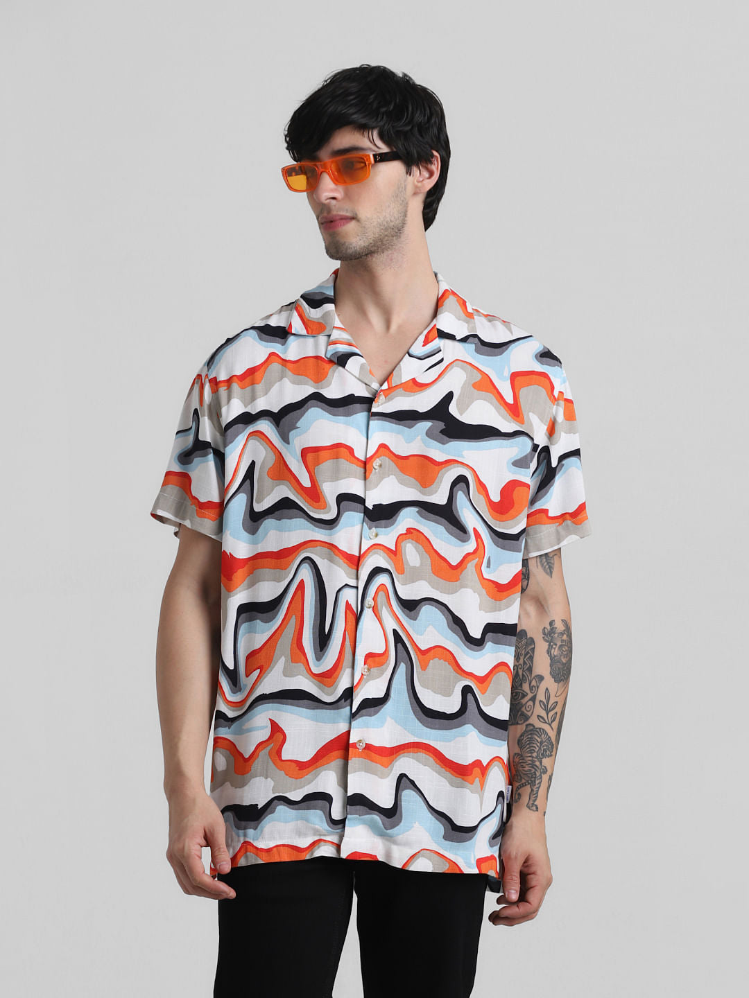 Orange Printed Short Sleeves Shirt