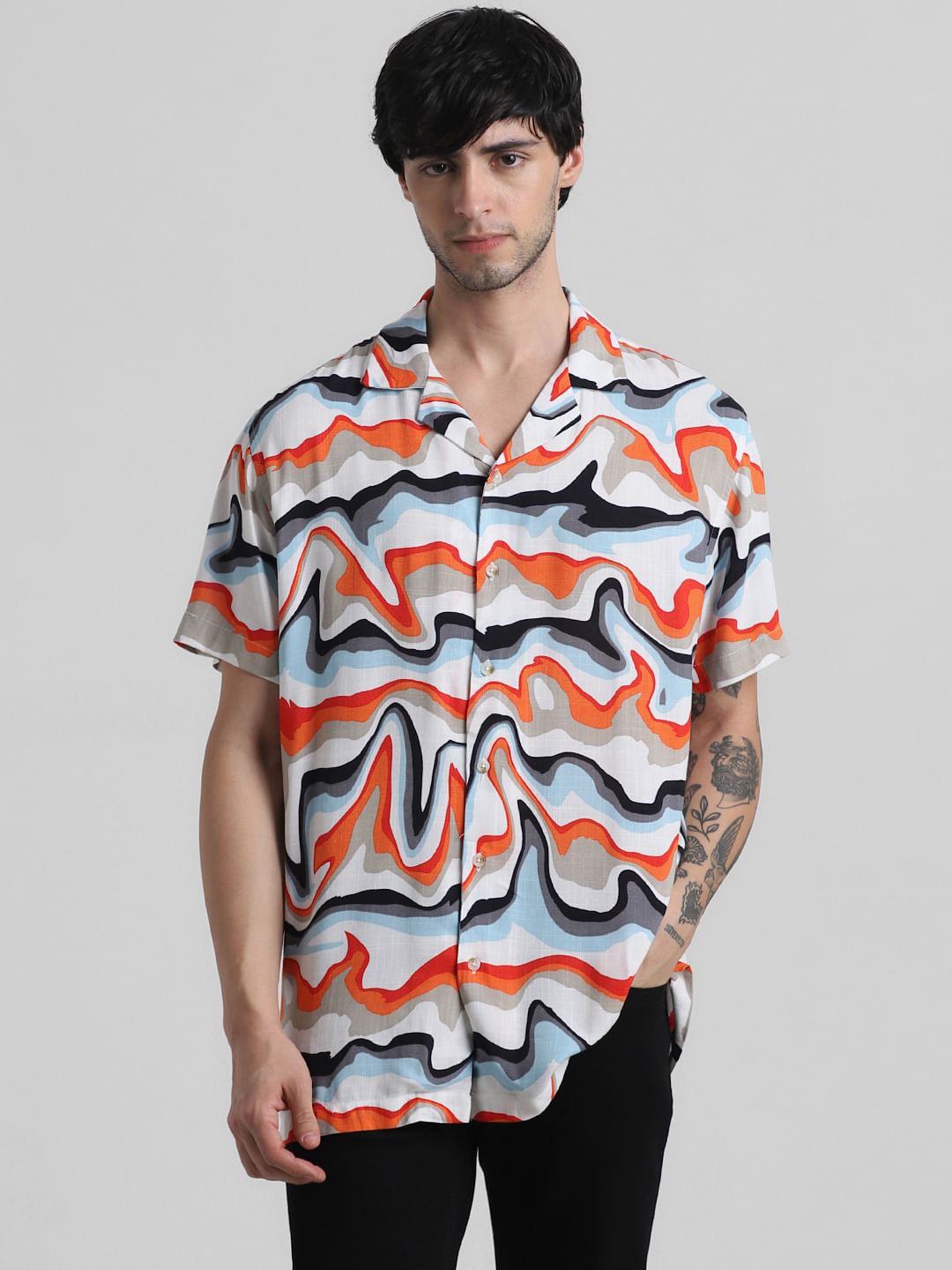 Orange Printed Short Sleeves Shirt
