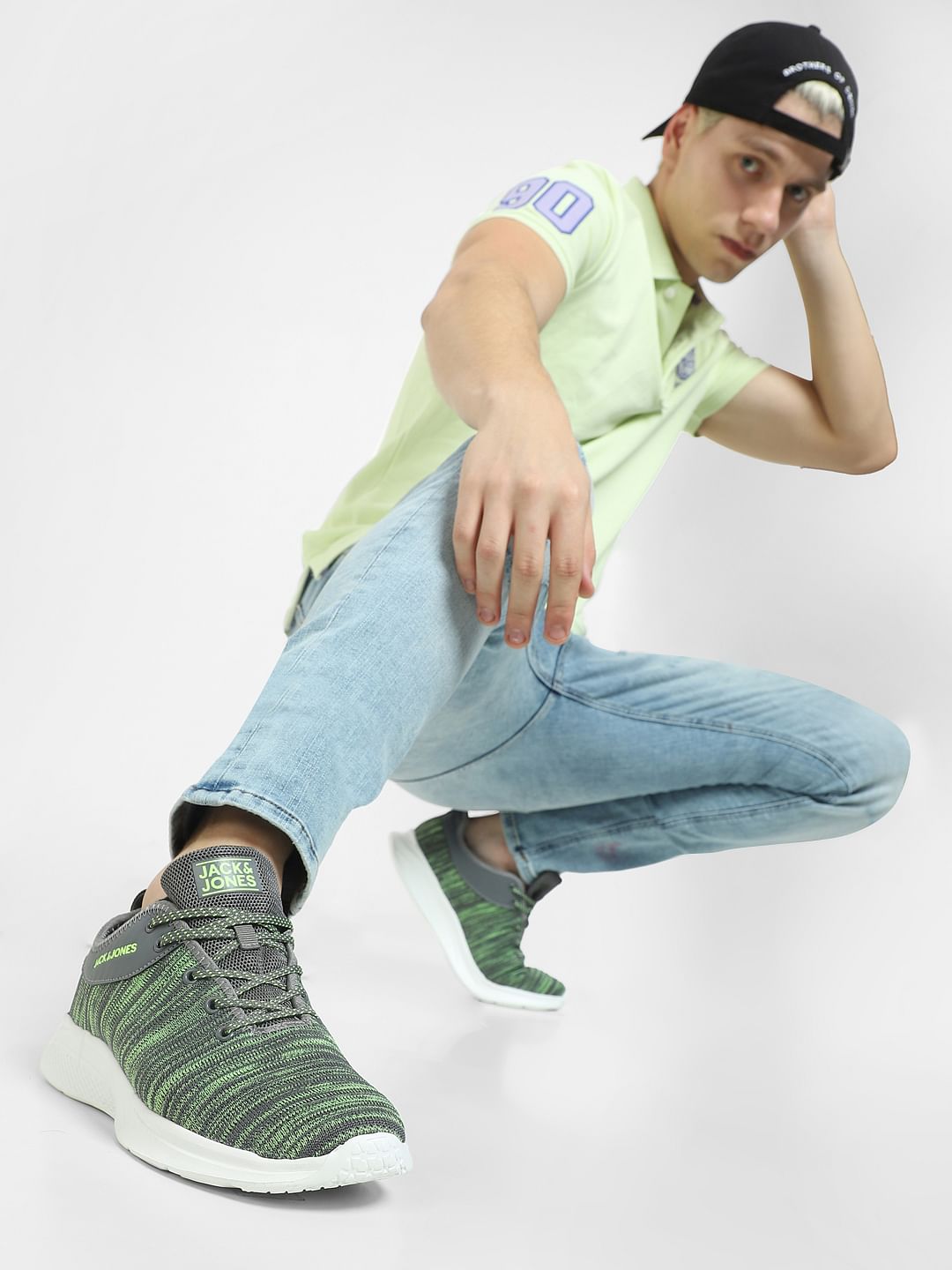 Grey & Green Printed Lace-Up Sneakers