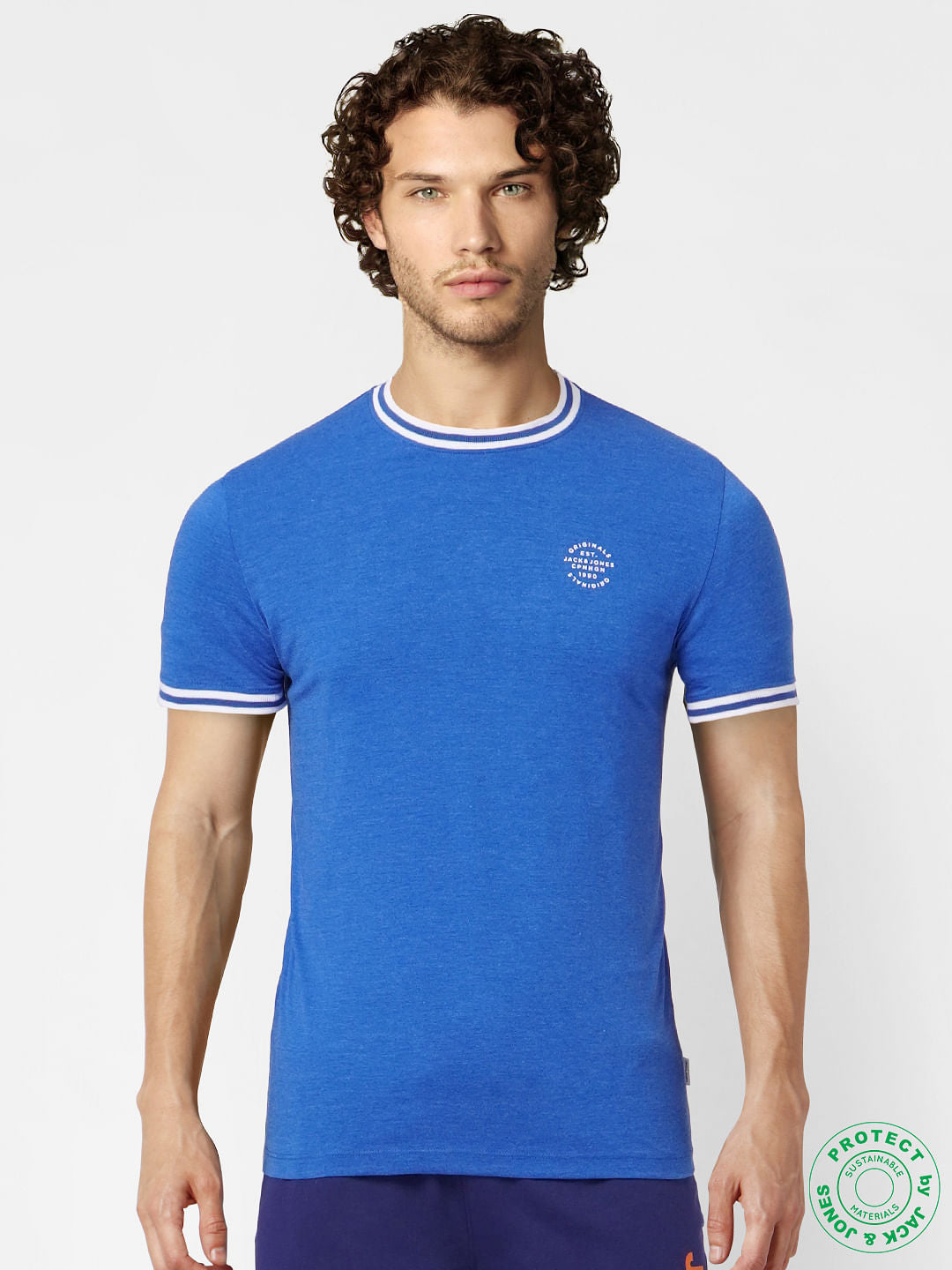 Blue Contrast Tipping Crew Neck T-shirt