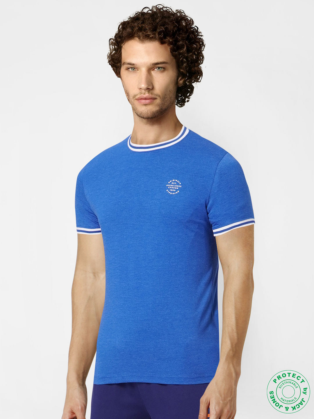 Blue Contrast Tipping Crew Neck T-shirt