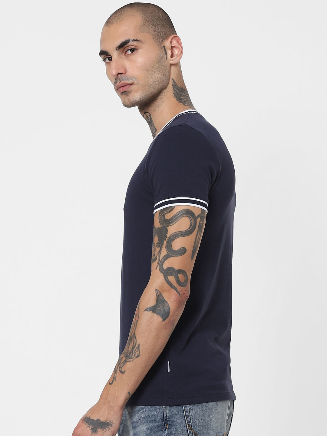 Navy Blue Contrast Tipping Crew Neck T-shirt
