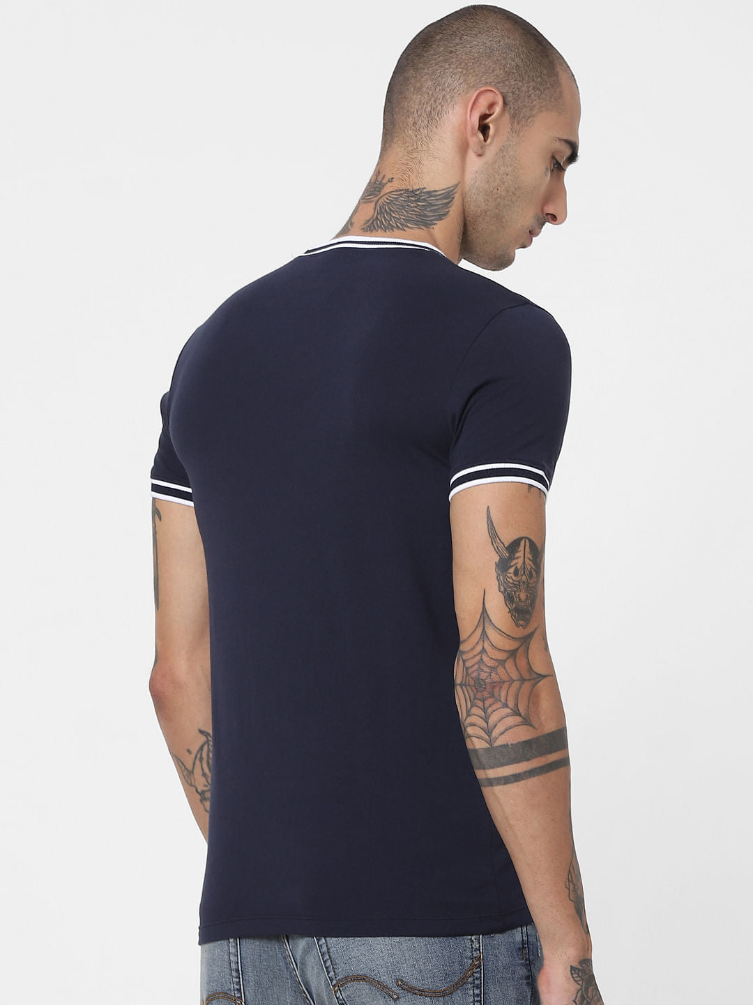 Navy Blue Contrast Tipping Crew Neck T-shirt