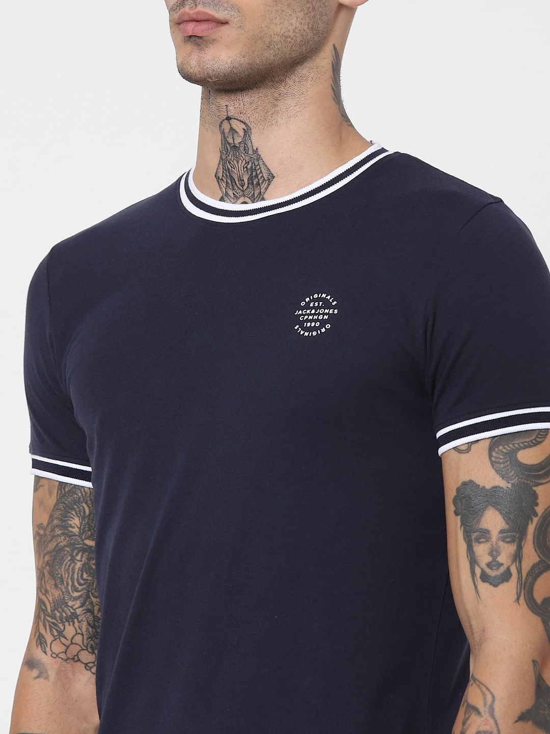 Navy Blue Contrast Tipping Crew Neck T-shirt