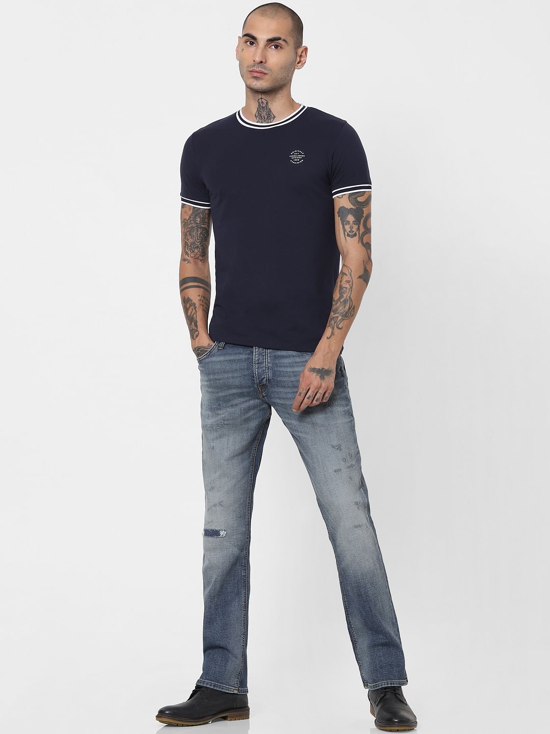 Navy Blue Contrast Tipping Crew Neck T-shirt