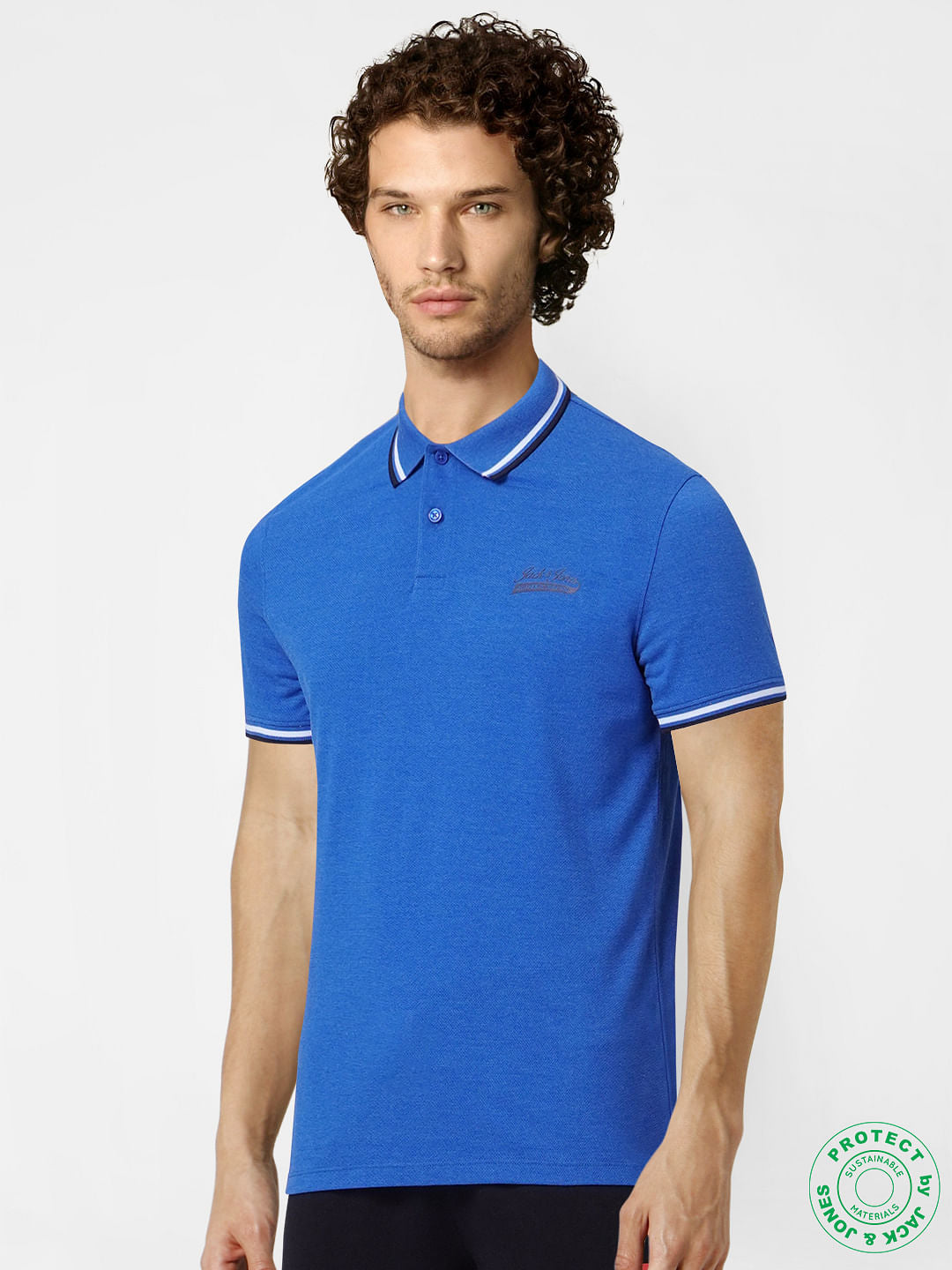 Blue Contrast Tipping Polo Neck T-shirt