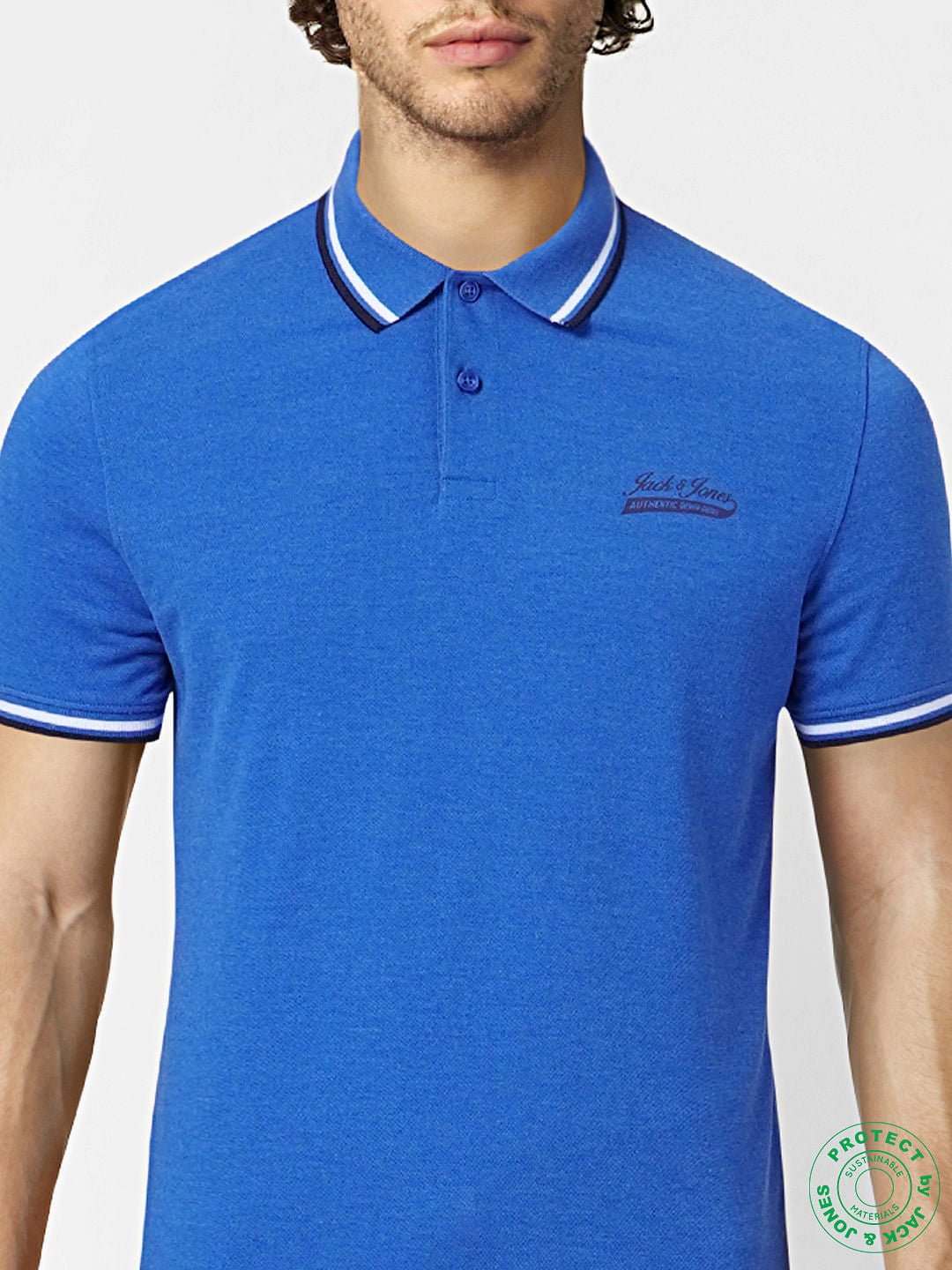 Blue Contrast Tipping Polo Neck T-shirt