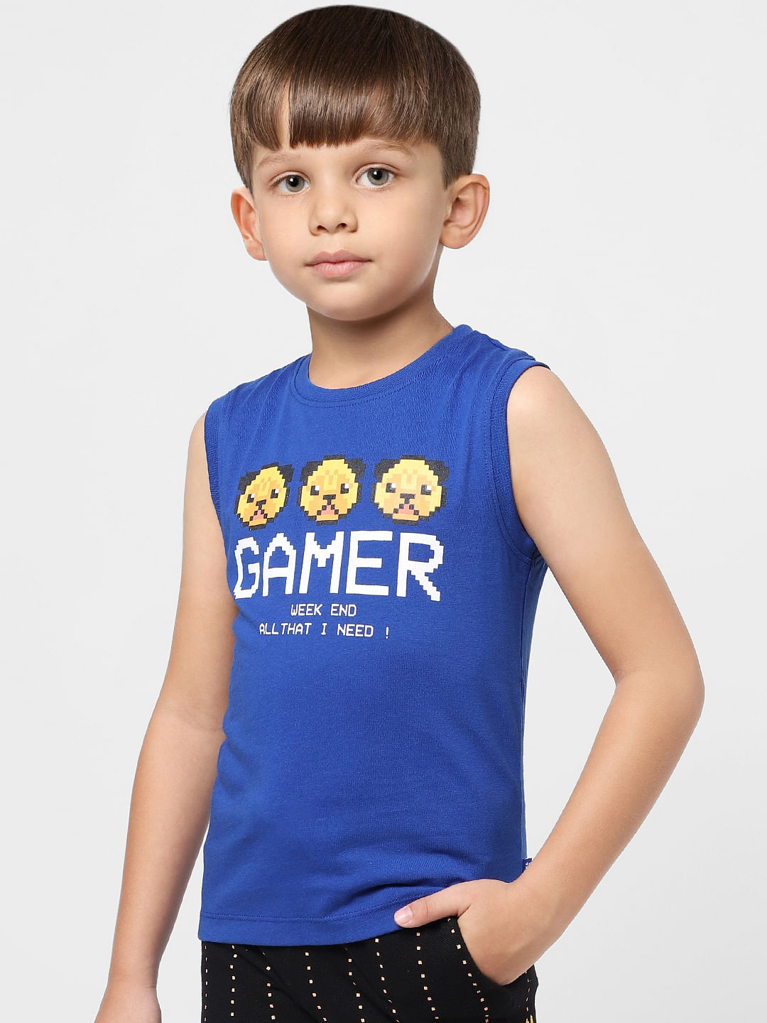 Boys Blue Graphic Print Sleeveless T-shirt