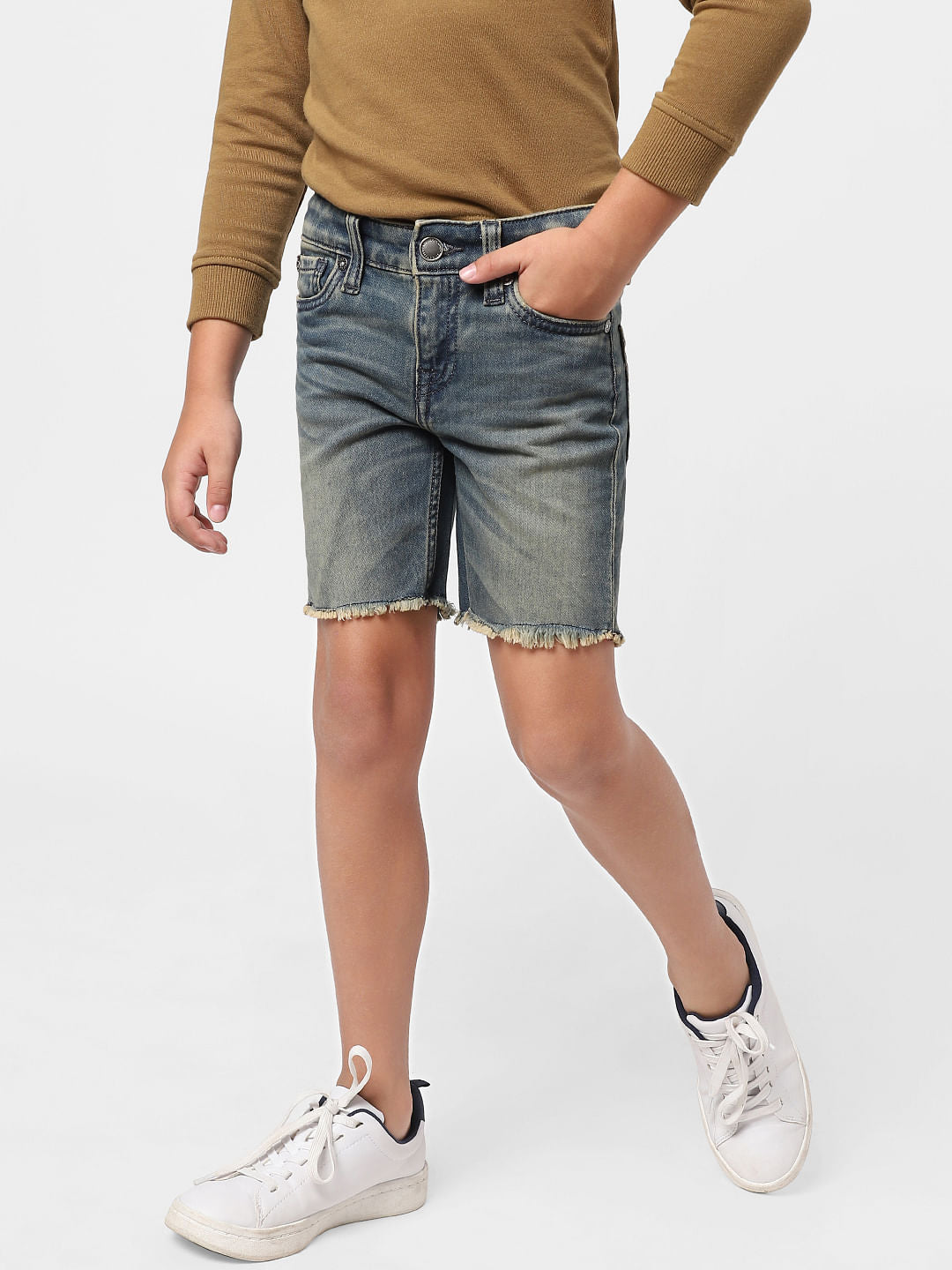 Boys Dark Blue Mid Rise Denim Shorts