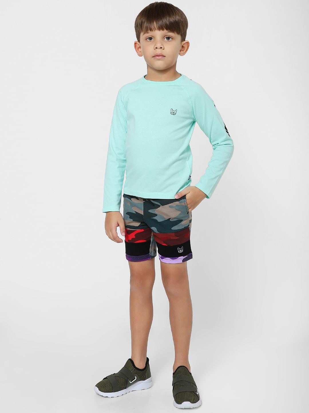 Boys Green Logo Print Full Sleeves T-shirt