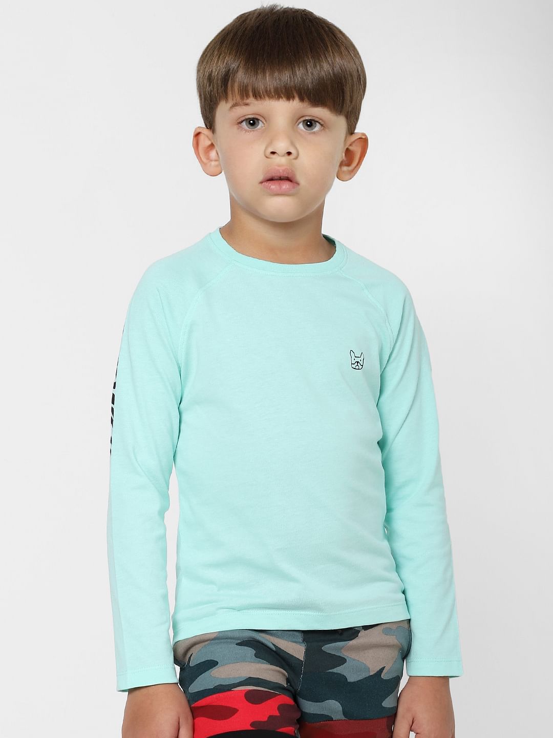 Boys Green Logo Print Full Sleeves T-shirt