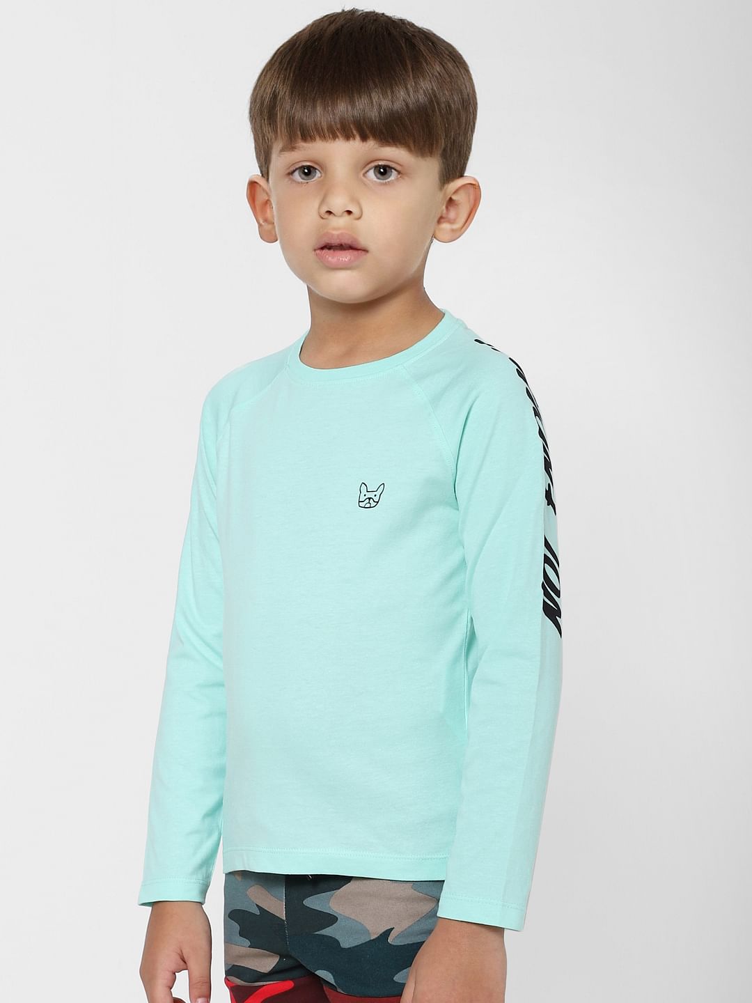 Boys Green Logo Print Full Sleeves T-shirt