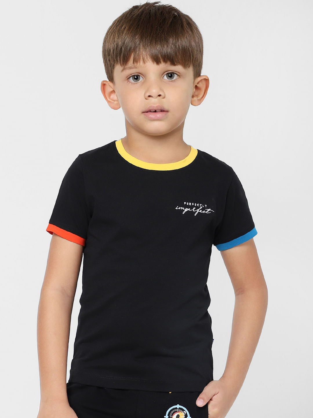 Boys Black Contrast Tipping Crew Neck T-shirt