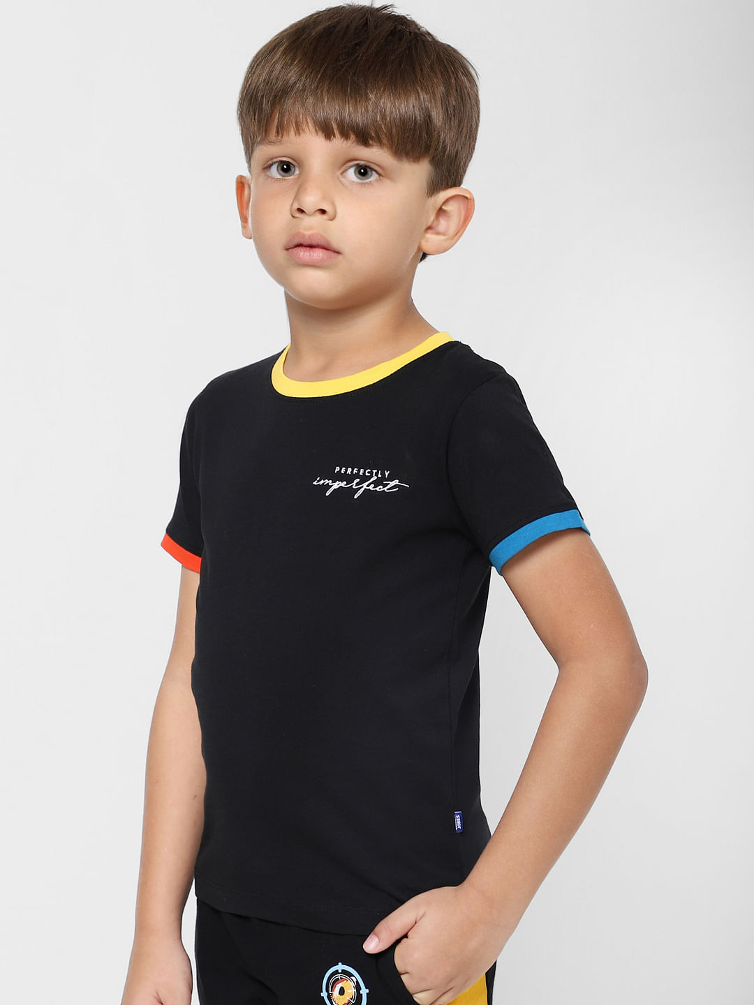 Boys Black Contrast Tipping Crew Neck T-shirt