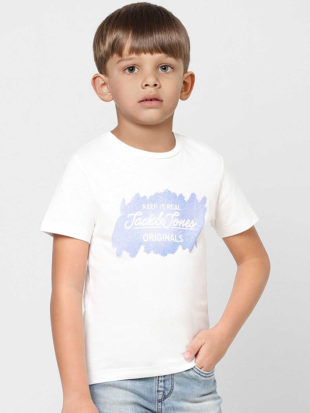 Boys White Logo Print Crew Neck T-shirt