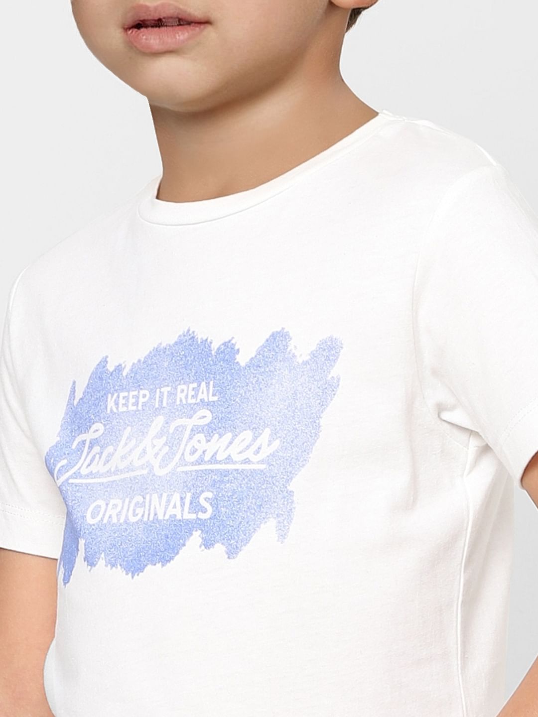 Boys White Logo Print Crew Neck T-shirt