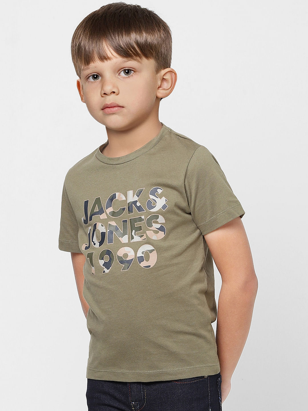 Boys Green Camo Logo Print Crew Neck T-shirt