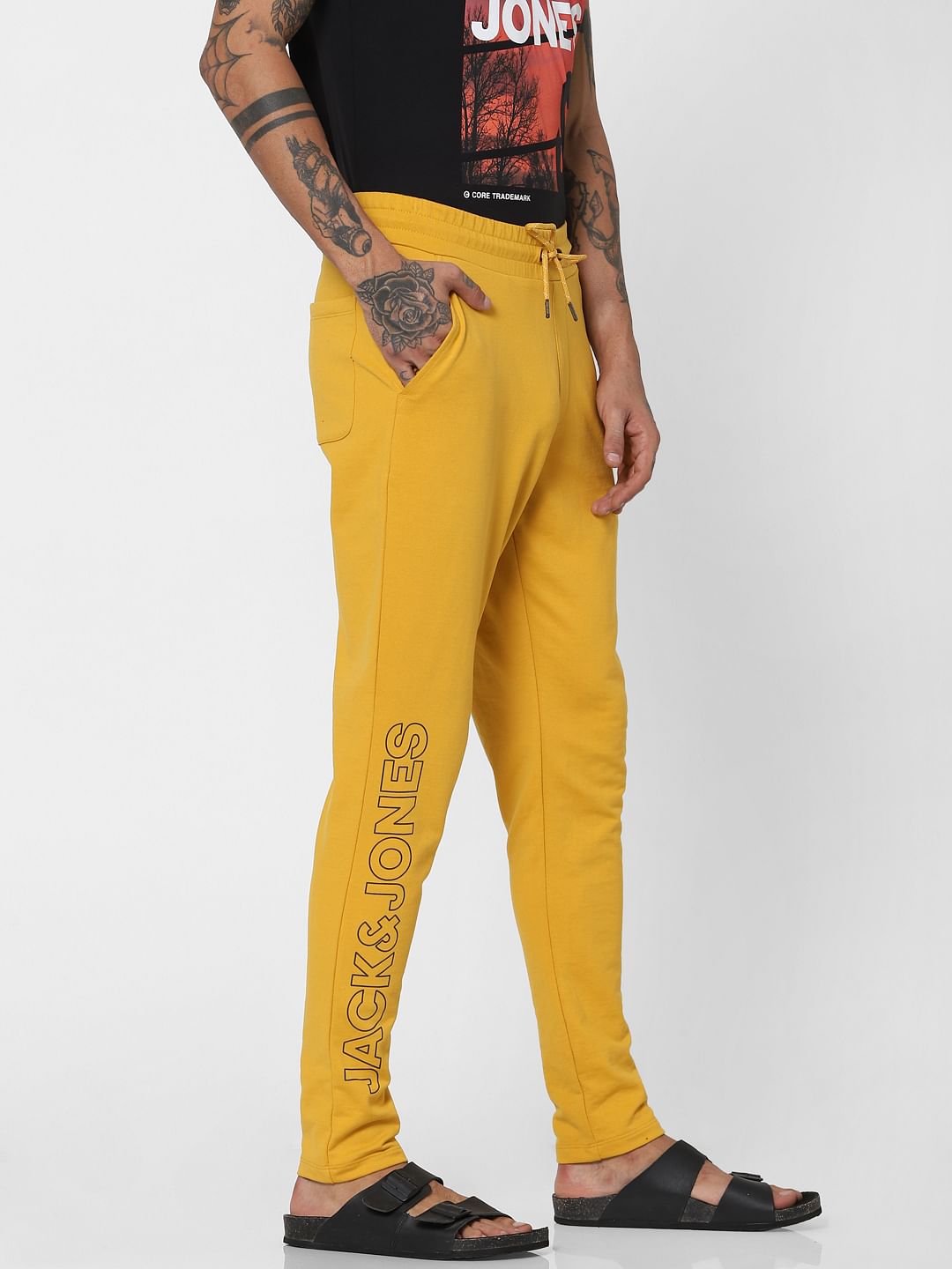 Yellow Mid Rise Logo Print Sweatpants
