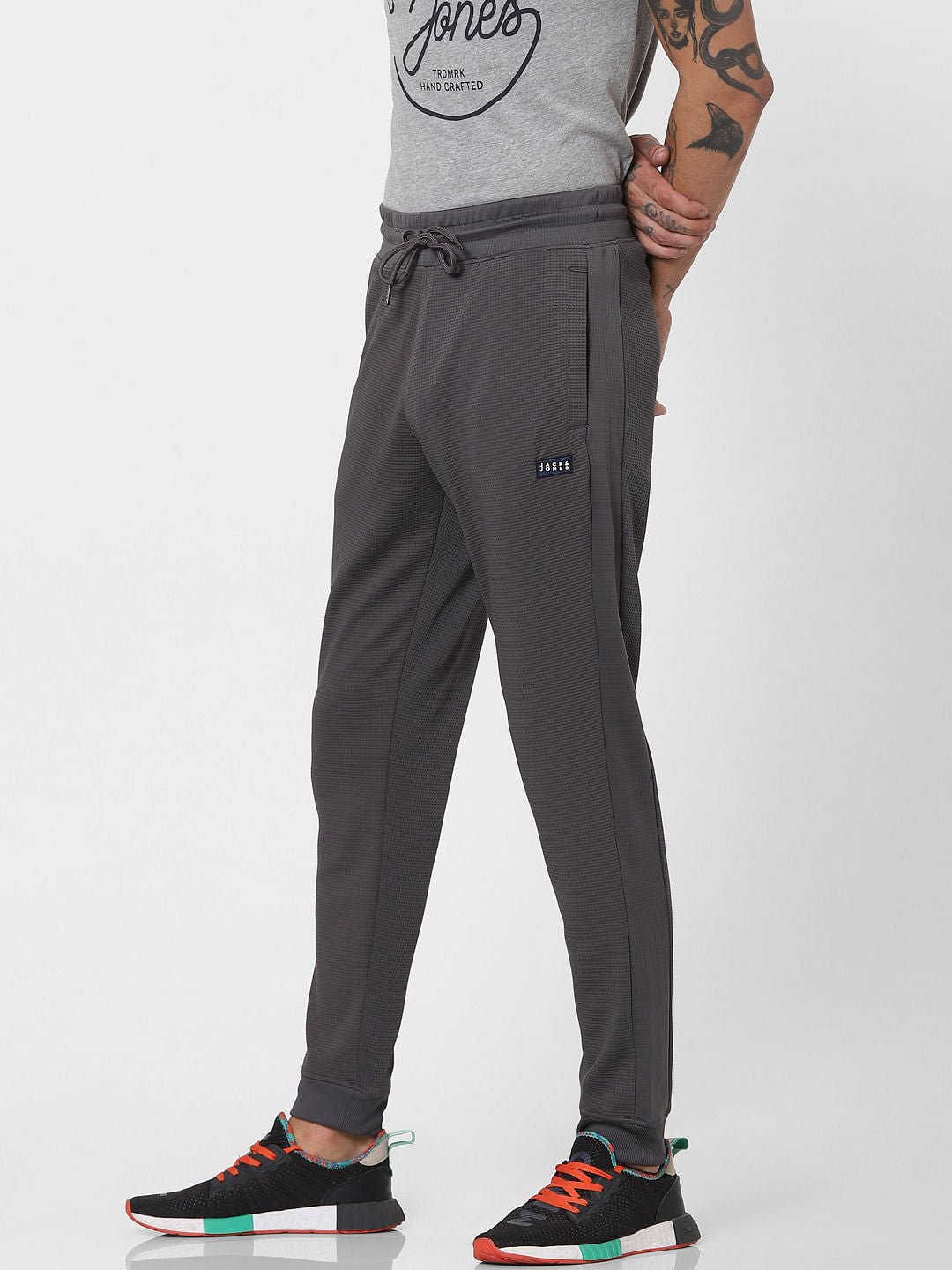 Grey Mid Rise Self Design Sweatpants