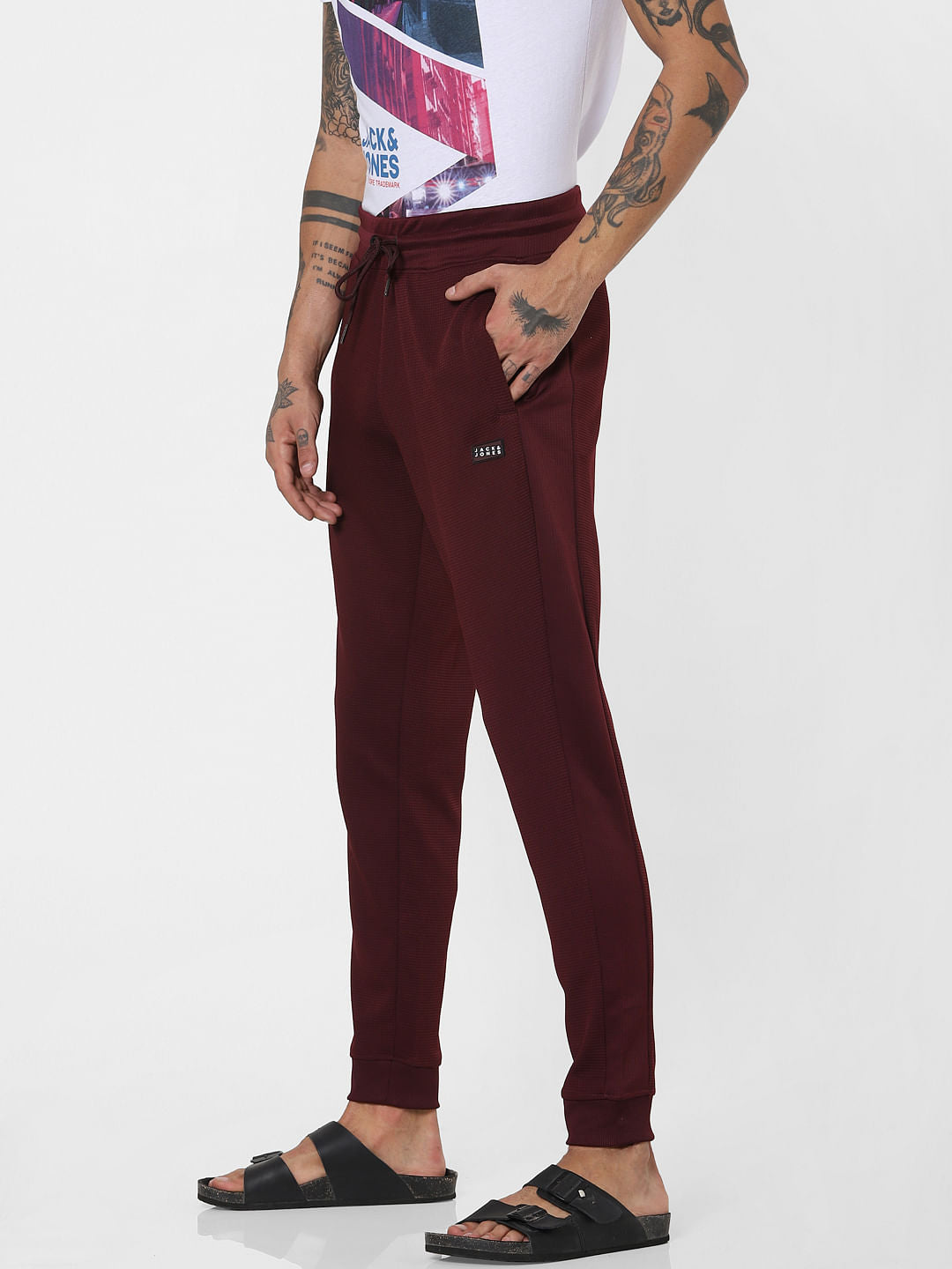 Burgundy Mid Rise Textured Sweatpants