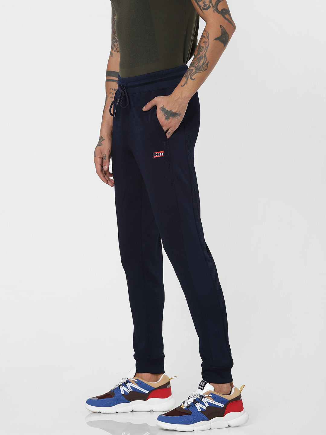 Blue Mid Rise Textured Sweatpants