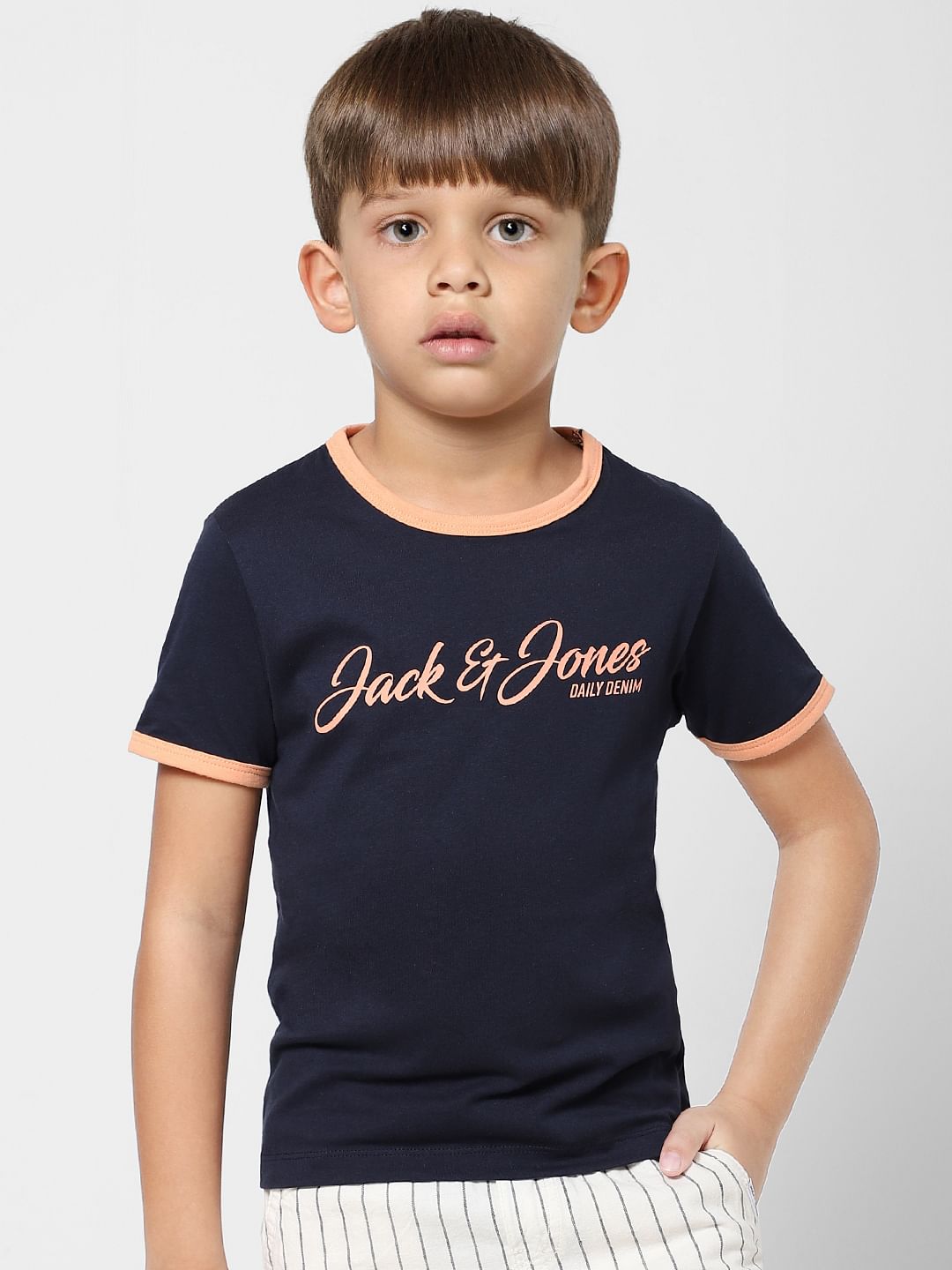 BOYS Navy Blue Contrast Tipping Crew Neck T-shirt