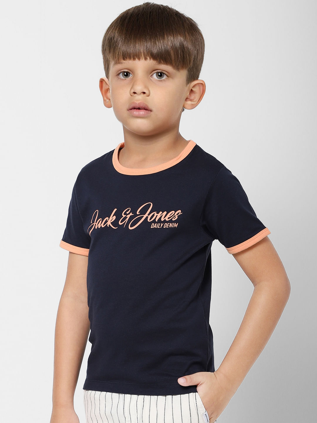 BOYS Navy Blue Contrast Tipping Crew Neck T-shirt