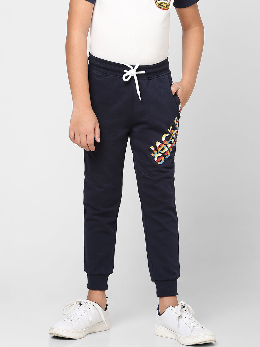 Boys Blue Low Rise Logo Print Sweatpants