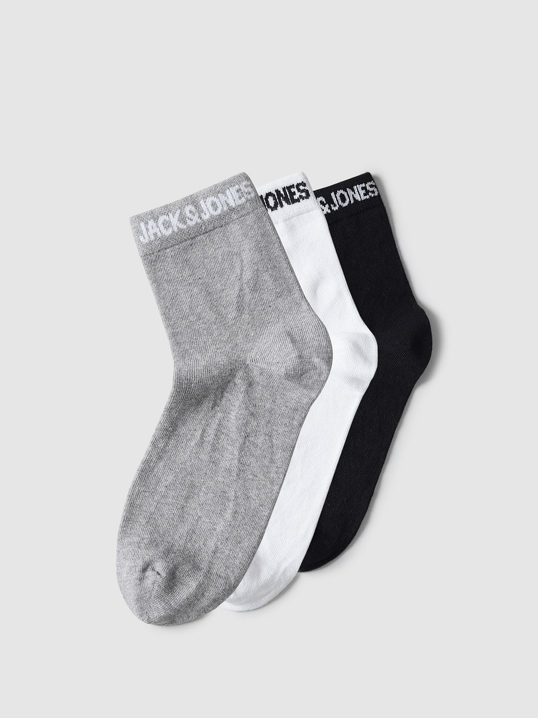 Pack Of 3 Solid Mid-Length Socks - White, Black & Grey