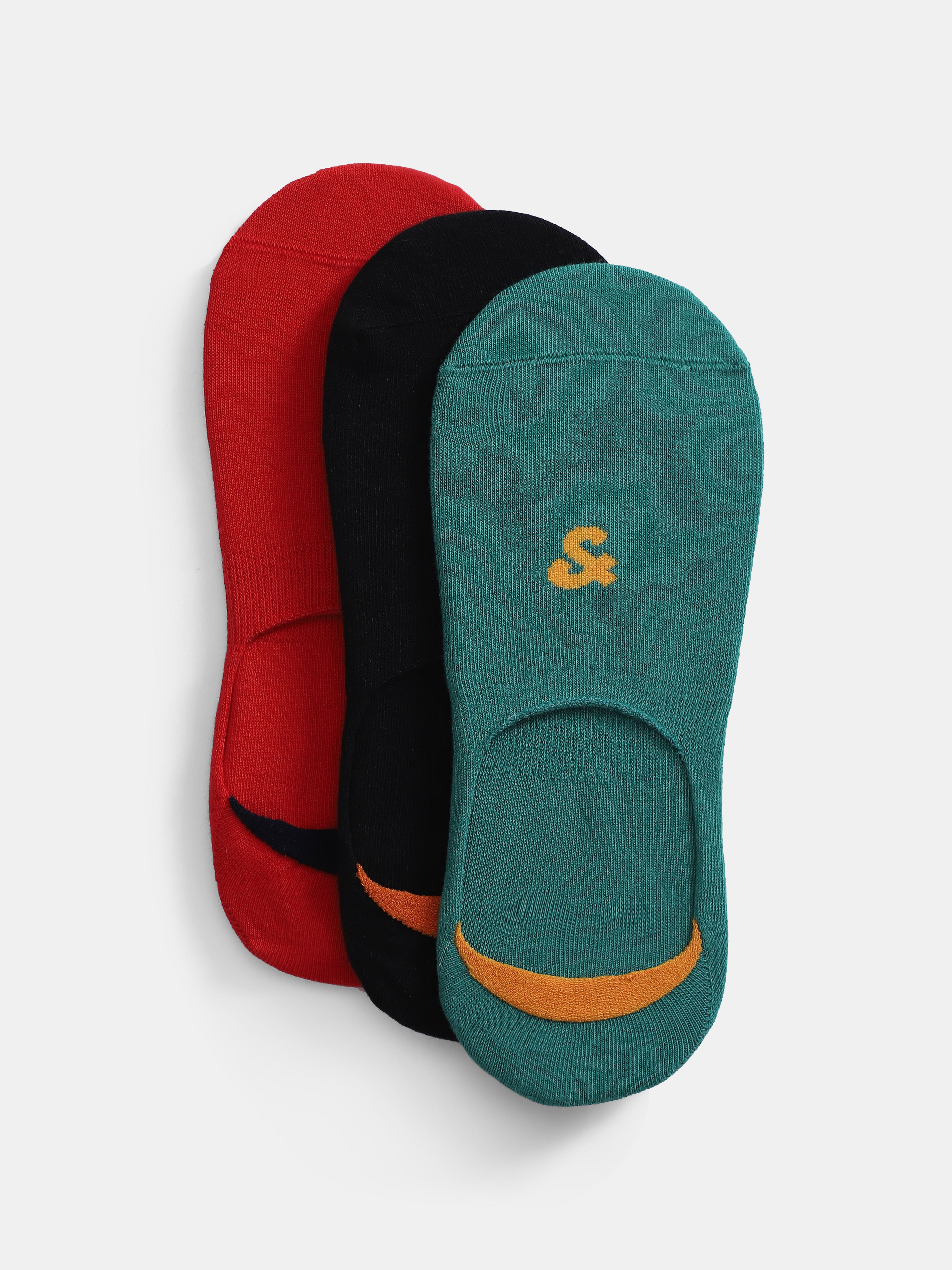 Pack of 3 Black No-Show Socks - Black, Green & Red