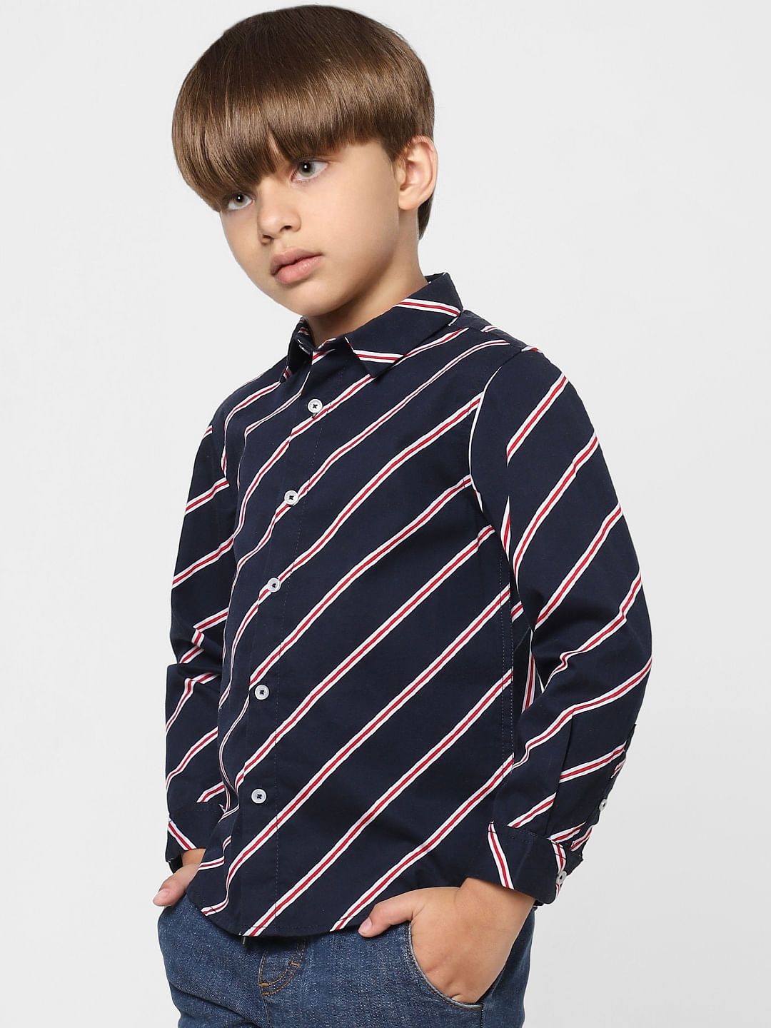 BOYS Navy Blue Striped Full Sleeves Shirt