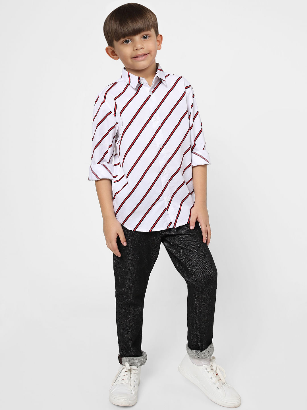 Boys White Striped Full Sleeves Shirt