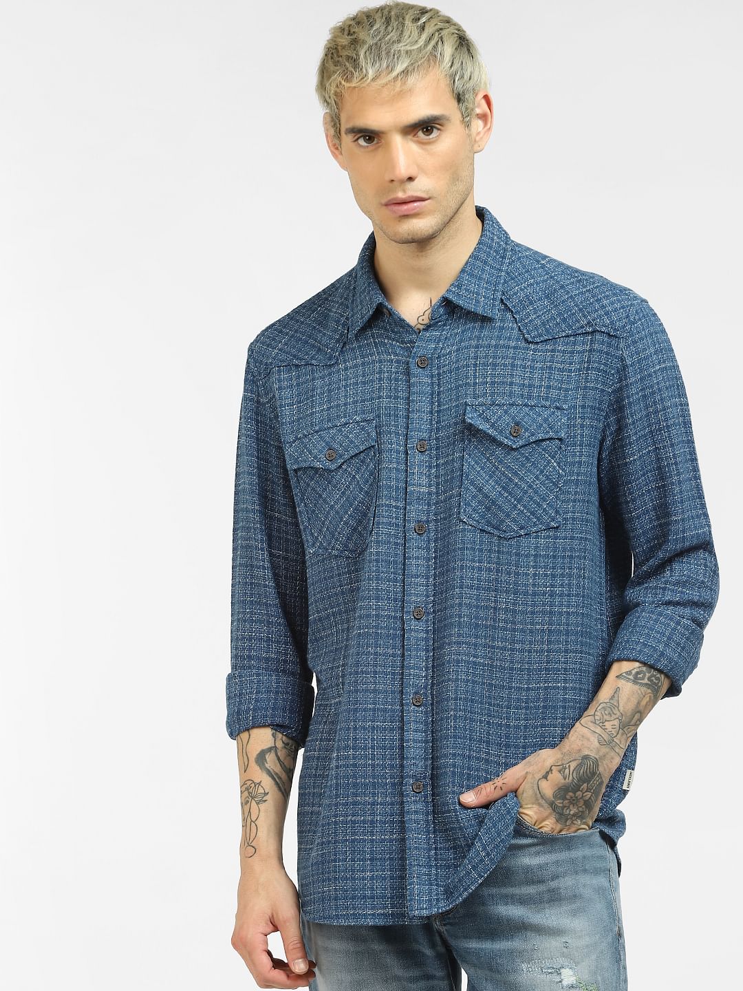 Blue Textured Full Sleeves Shirt