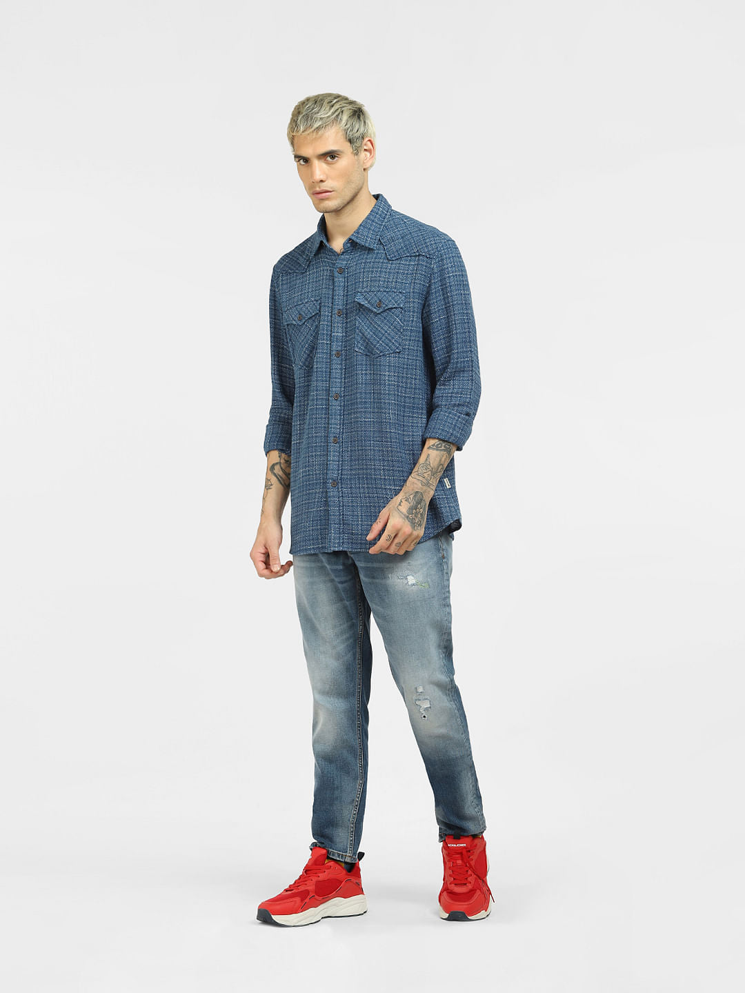 Blue Textured Full Sleeves Shirt