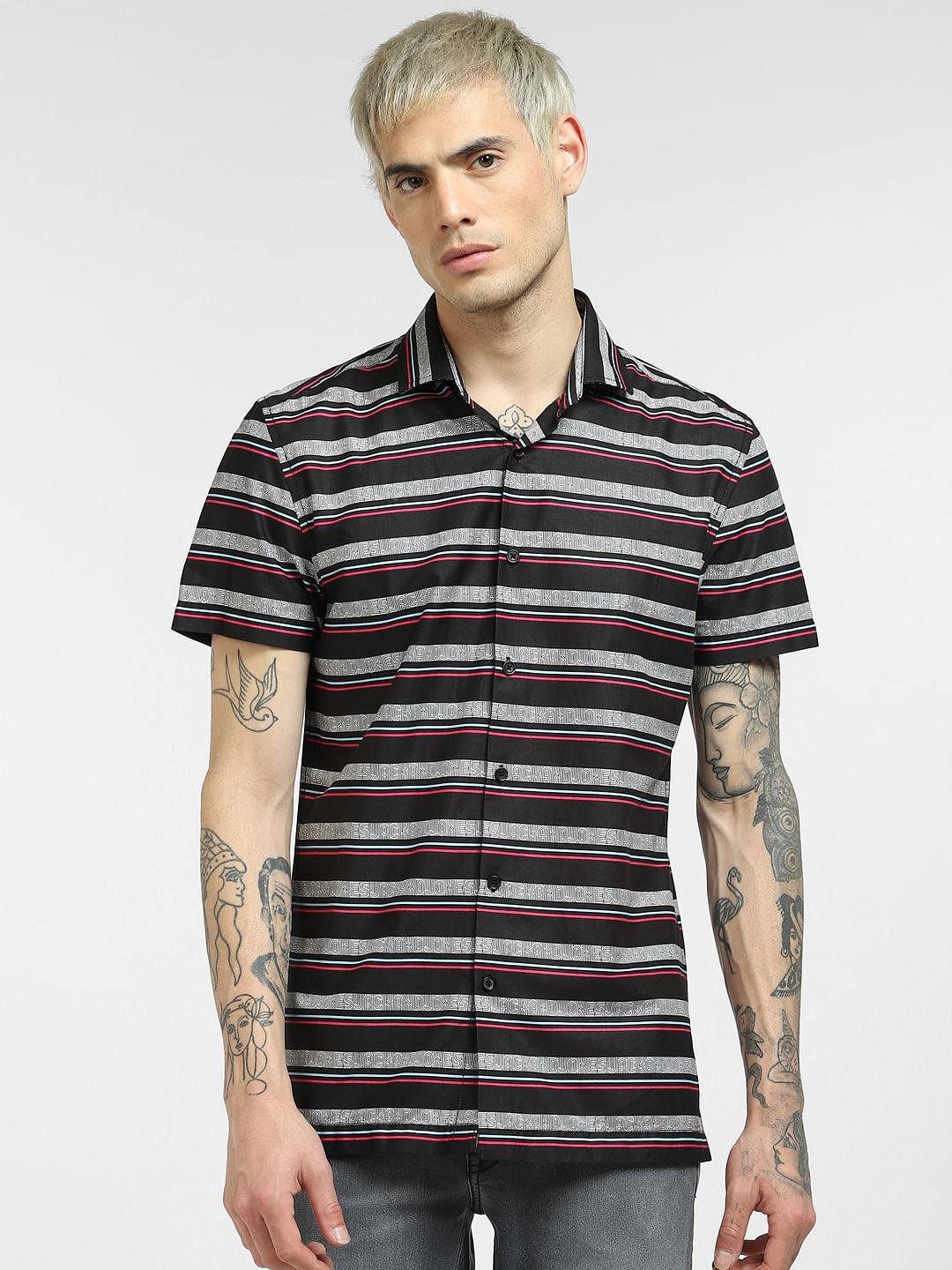 Black Horizontal Stripe Half Sleeves Shirt
