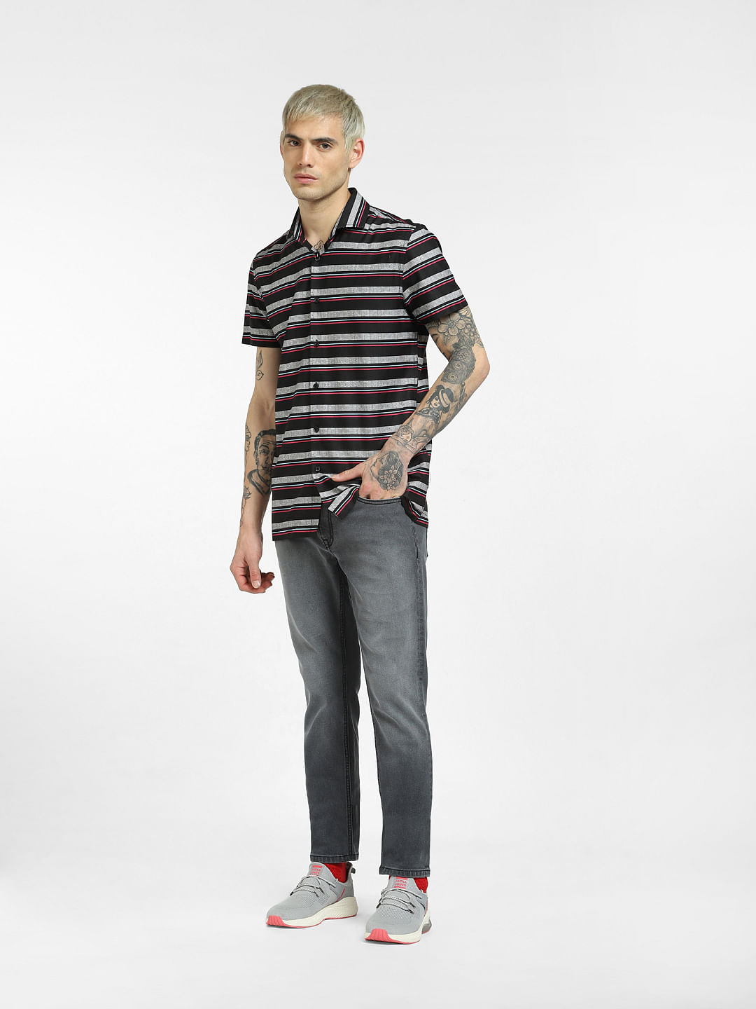 Black Horizontal Stripe Half Sleeves Shirt