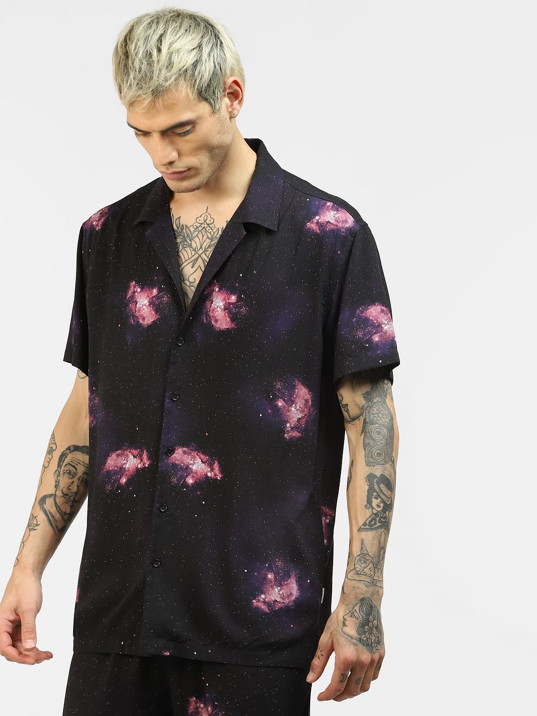 Black Galaxy Print Co-ord Half Sleeves Shirt