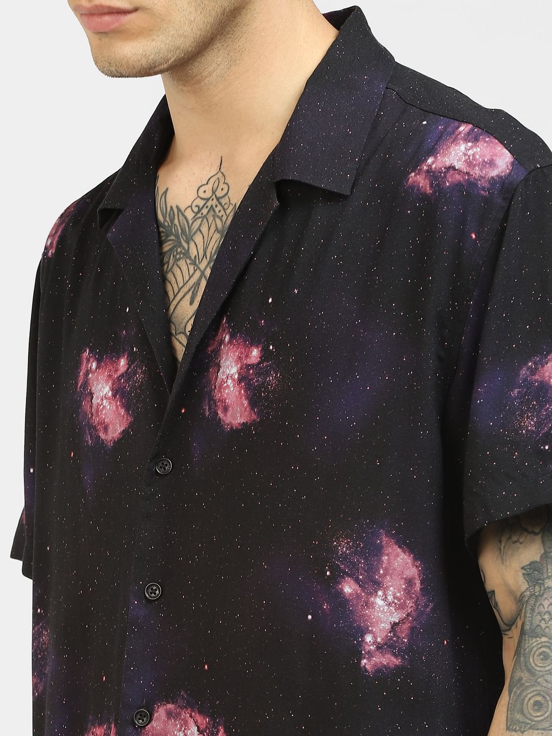 Black Galaxy Print Co-ord Half Sleeves Shirt