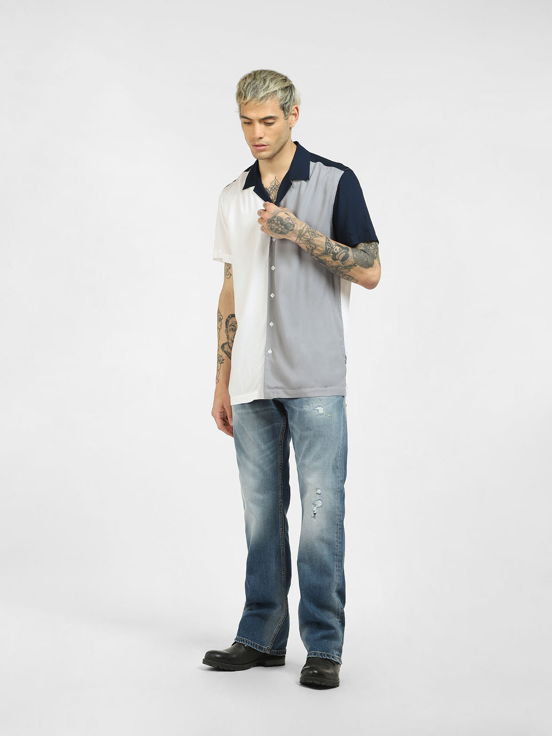 White Colourblocked Full Sleeves Shirt