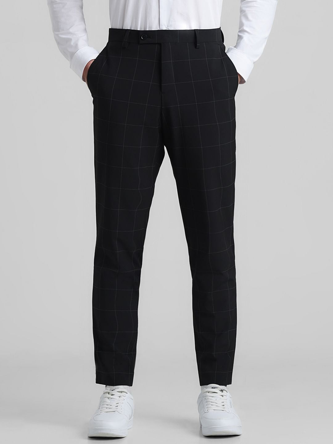 Black Mid Rise Check Slim Fit Trousers