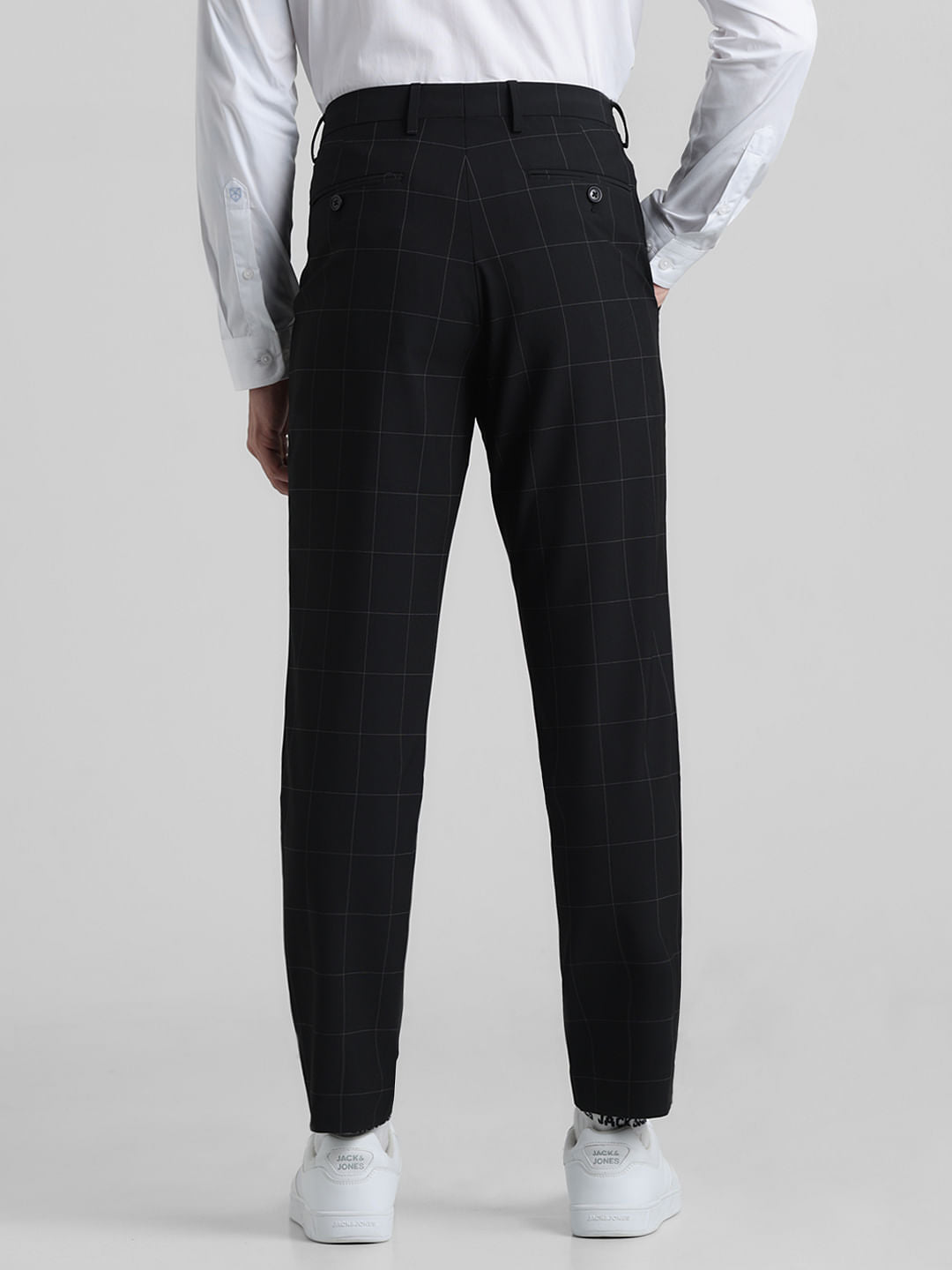 Black Mid Rise Check Slim Fit Trousers