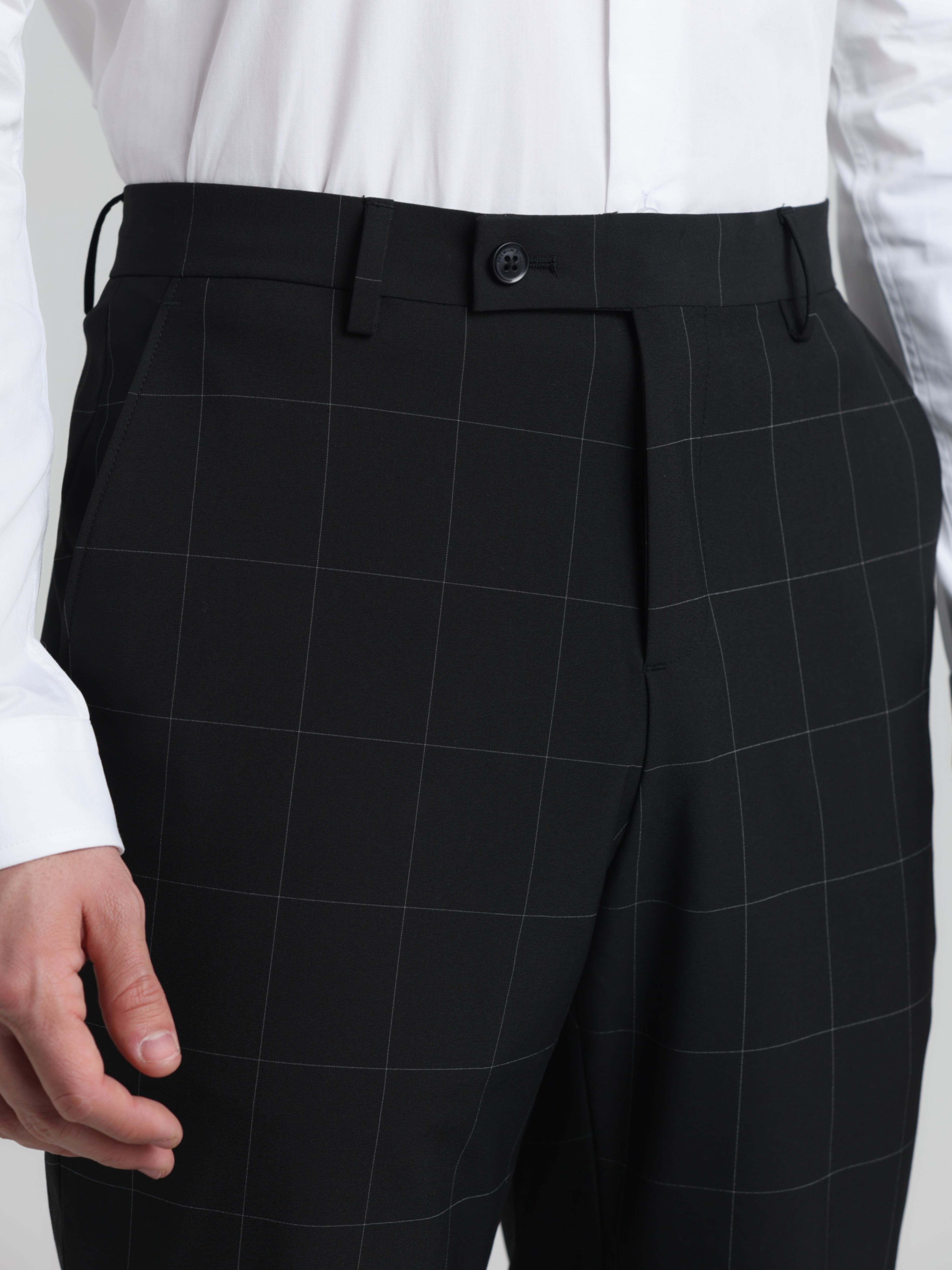 Black Mid Rise Check Slim Fit Trousers