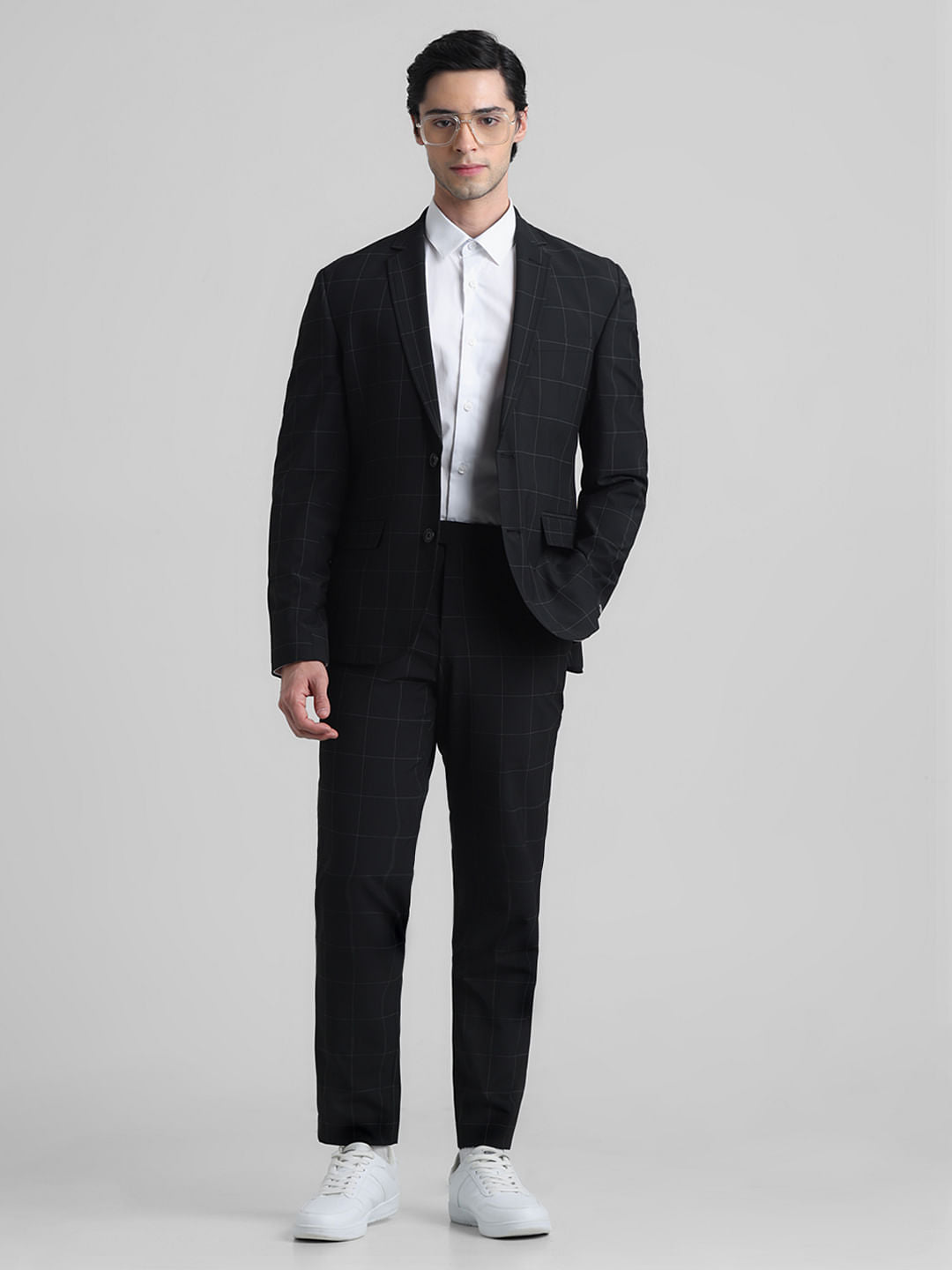 Black Mid Rise Check Slim Fit Trousers