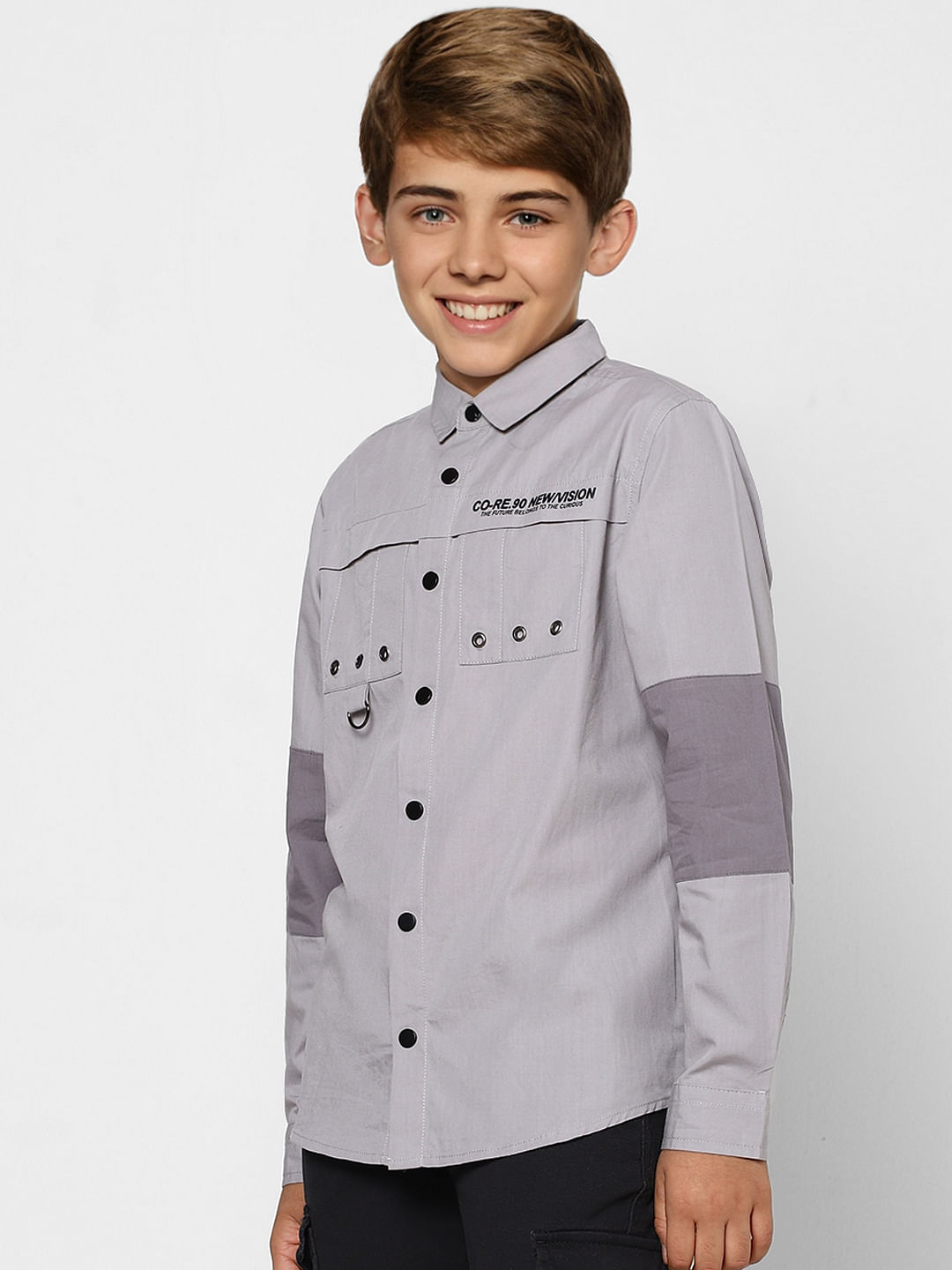 BOYS Grey Colourblocked Full Sleeves Shirt